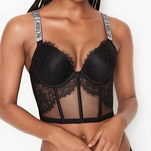Victoria’s Secret Black Lace corset with Rhinestone Straps Wide Black Sz 34C